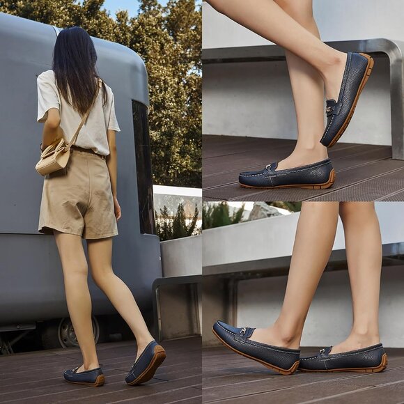 Kordal Women's Navy Leather Gold Accent Buckle Slip-Ons Walking Flats Loafers - Picture 6 of 9